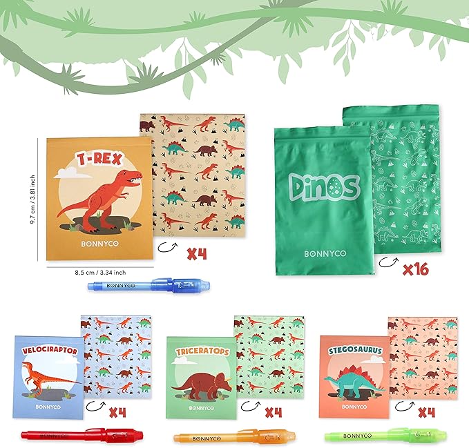 BONNYCO Invisible Ink Pen and Notebook Pack 16 Dinosaur Party Favors for Kids, Magic Spy Pen Goodie Bags Stuffers for Kids, Dinosaur Birthday Party Supplies, Goody Bag Stuffers Return Gifts Prizes