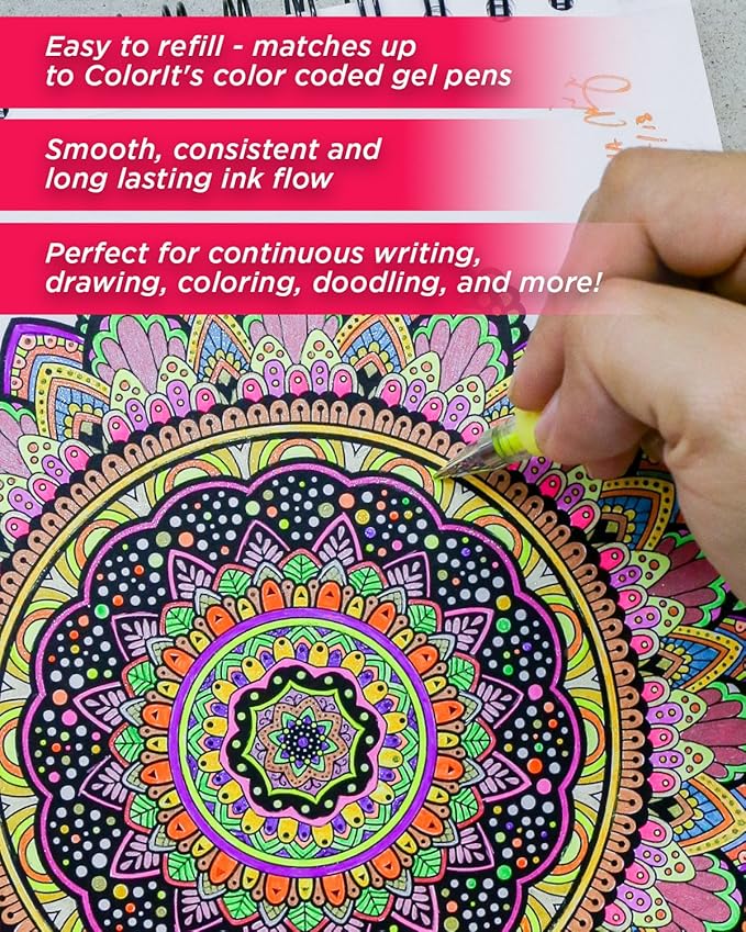 ColorIt 48 Gel Pen Ink Refills for Glitter, Metallic, and Neon - Color Coded for Easy Replacement (Glitter) - Pen Refills