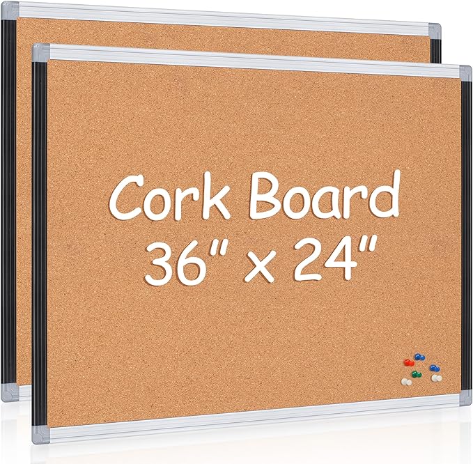 Board2by 2 Pack Cork Bulletin Board 24" x 36", Black/Silver Aluminium Framed Corkboard, Office Board for Wall Decor, Large Wall Mounted Notice Pin Board with 18 Push Pins for School, Home & Office