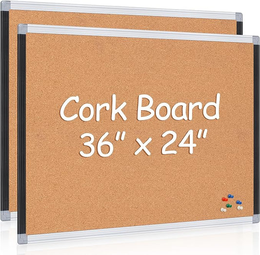 Board2by 2 Pack Cork Bulletin Board 24" x 36", Black/Silver Aluminium Framed Corkboard, Office Board for Wall Decor, Large Wall Mounted Notice Pin Board with 18 Push Pins for School, Home & Office