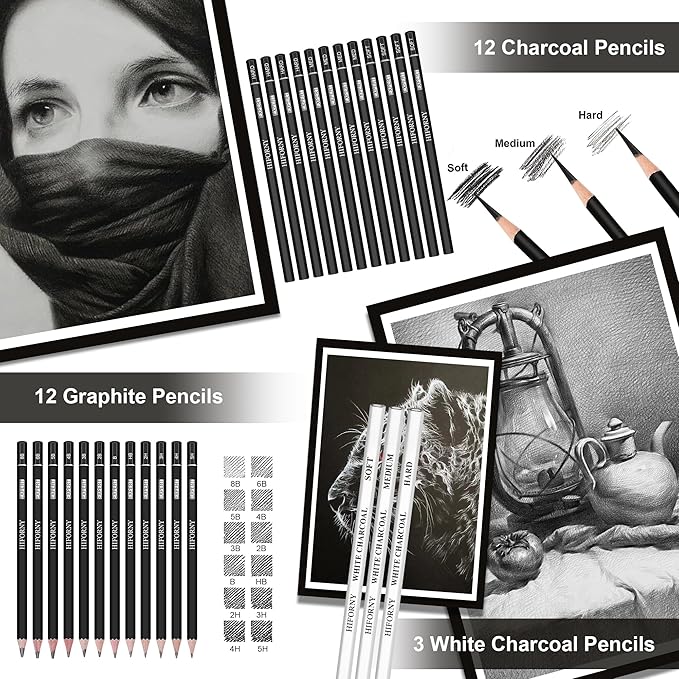 HIFORNY 100 PCS Drawing & Sketching Set, Professional Art Supplies with Graphite,Charcoal, Colored,Watercolor,Metallic Pencils,Blending Tools,Sketchbook and Coloring Book in Zipper Case (Black)