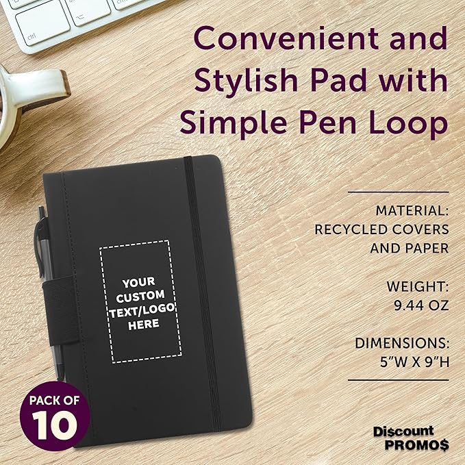 DISCOUNT PROMOS 10 Executive Notebooks with Pen Pack - Customizable Text, Logo - 6 x 8.5 inches, Recycled, Pen Loop, Closure Strap - Black