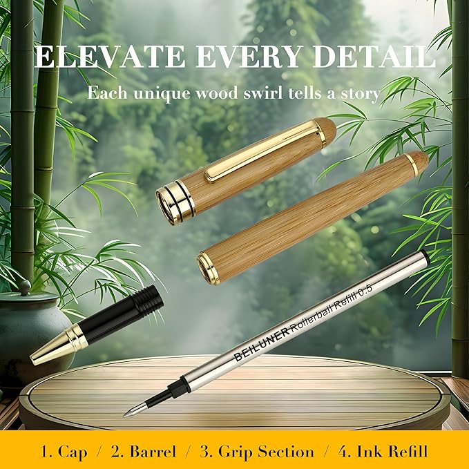 BEILUNER Luxury Bamboo Wooden Ballpoint Pen Writing Set - Elegant Fancy Nice Gift Pen Set for Signature Executive Business Office Supplies - Gift Boxed with Extra Refills (Black)