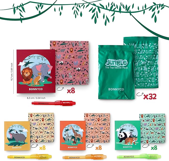 BONNYCO Invisible Ink Pen and Notebook Pack 32 Safari Party Favors for Kids Magic Spy Pen Goodie Bags Stuffers for Kids | Jungle Goody Bag Stuffers Return Gifts Birthday, Classroom Prizes Students