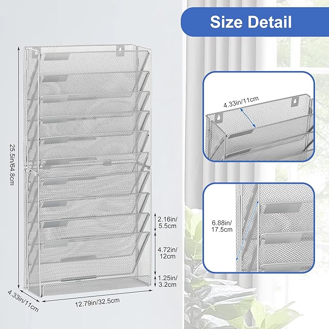 EasyPAG 11 Tier Wall File Holder with Flat Tray, Silver | Easy Assemble Mesh Desk File Organizer | 10-Folder Paper Storage | Replaceable Classify Labels | Space Saving Mail Organizer for Office Home