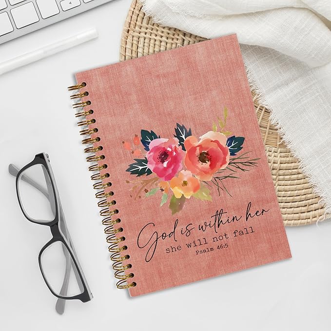 Bible Notebook, A5 Spiral Christian Journal Pink Floral Notebook, Bible Verse-God is Within Her She Will Not Fall, Inspirational Notebooks for Women, Bible Study, Gift for Birthday Christmas