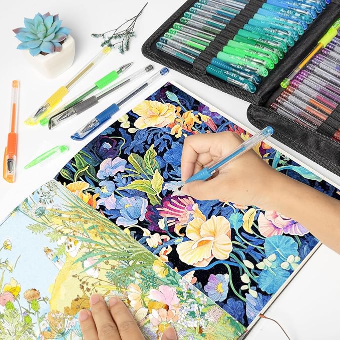 Glitter Gel Pens with Case for Adult Coloring Books, 100 Color Glitter Pen Set 30% More Ink Neon Glitter Gel Marker for Journaling Crafting Doodling Drawing