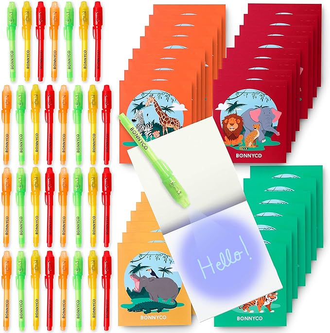 BONNYCO Invisible Ink Pen and Notebook Pack 32 Safari Party Favors for Kids Magic Spy Pen Goodie Bags Stuffers for Kids | Jungle Goody Bag Stuffers Return Gifts Birthday, Classroom Prizes Students