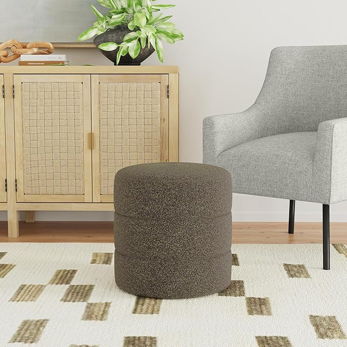 HomePop Upholstered Round Ottoman Home Décor|Foot Rest Ottoman - Dark Brown Boucle