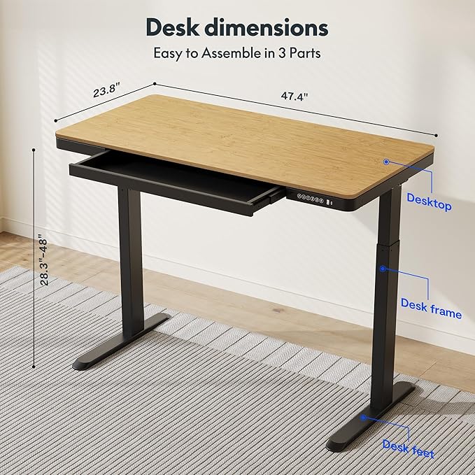 FLEXISPOT Comhar Electric Standing Desk with Drawer Desktop & Adjustable Frame w/USB Charge Ports (Bamboo Texture/Black, Wood)