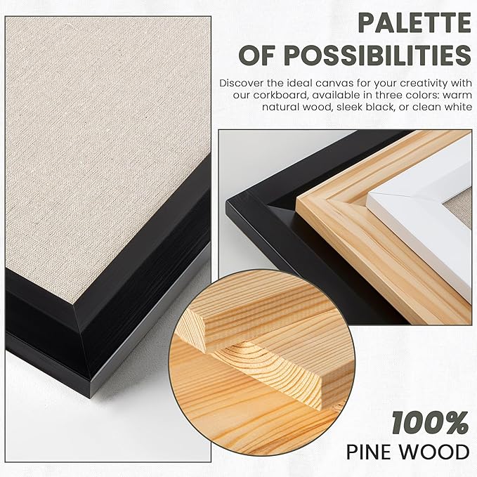 Bulletin Board Cork Board with Linen, 100% Wood Framed 30" x 20" Bulletin Board Decorations, Pin Boards for Walls, Wall Mounted Fabric Picture Board with 10 Pushpins for School, Home & Office, Black