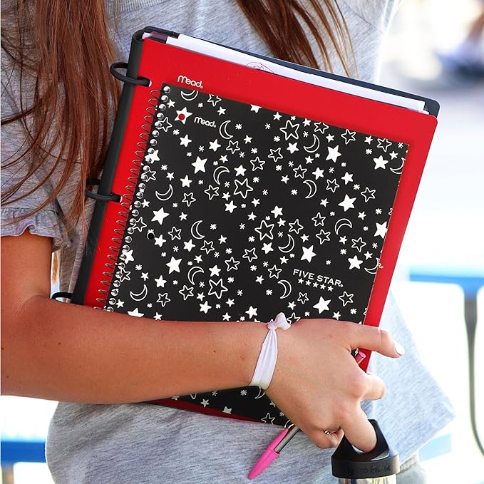 Five Star Spiral Notebook + Study App, 1 Subject, Wide Ruled, 8" x 10-1/2", 80 Sheets, Fights Ink Bleed, Water Resistant Cover, Black Stars Glow in the Dark (930020F)
