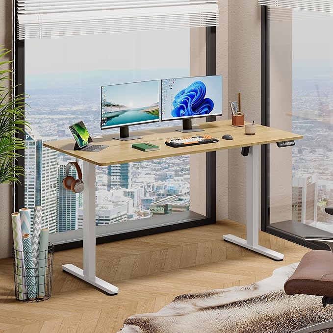 DEVAISE 55 Inch Electric Standing Desk, 3 Adjustable Height Stand up Desk for Home Office, Ergonomic Sit to Stand Desk with LED Touchscreen, Headphone Hook, 3 Memory Preset Computer Desk (Maple)