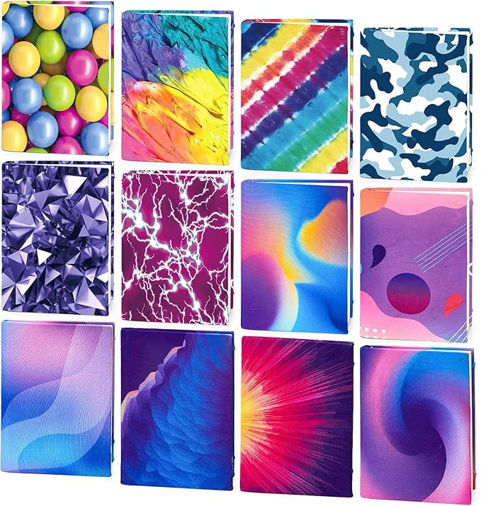 feela 12 Pack Jumbo Fabric Book Covers, Stretchable Washable Durable Reusable Nylon, for Hardcover Textbooks Notebooks up to 9'x11', 12 Patterns