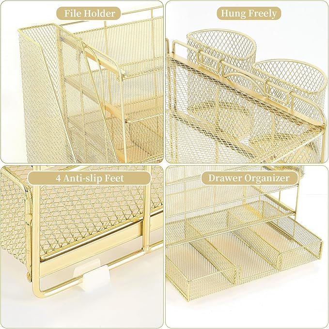 gianotter Desk Organizers and Accessories with File Holder, 4-Tier Desk Accessories & Workspace Organizers with Drawer and 2 Pen Holder, Paper Organizer for Office Supplies(Gold)