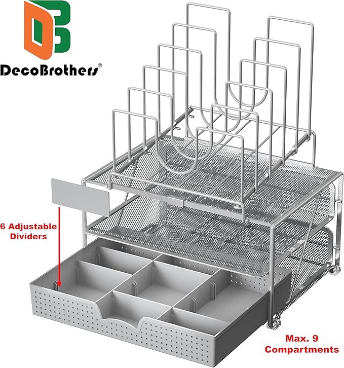 DecoBrothers Desktop File Organizer with Double Tray and 5 Folder Stand, Silver