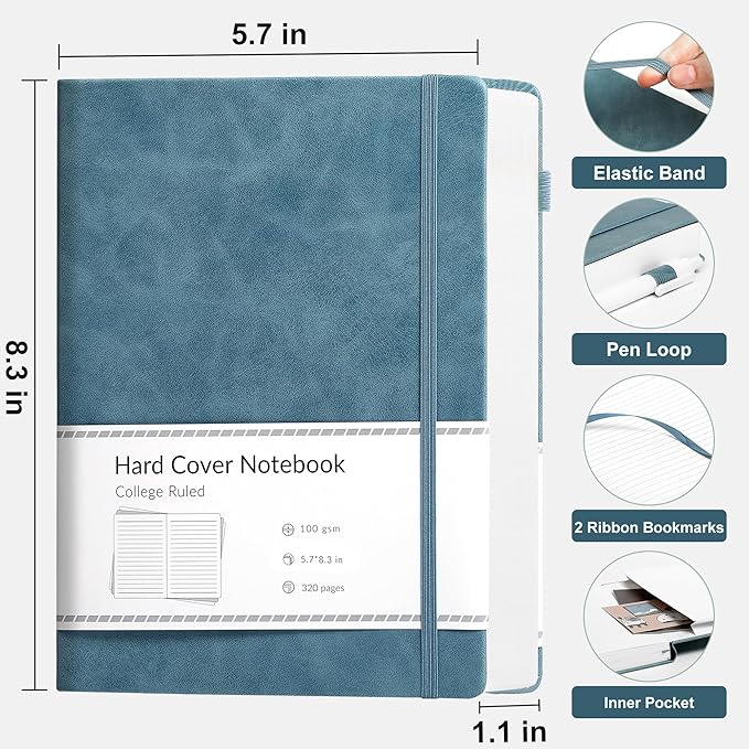 CAGIE Lined Journal Notebook, 320 Pages College Ruled Notebook, 100 Gsm Paper Thick Journal, A5 Hardcover Leather Journals for Writing Women Men, 5.7x8.3 In, Blue