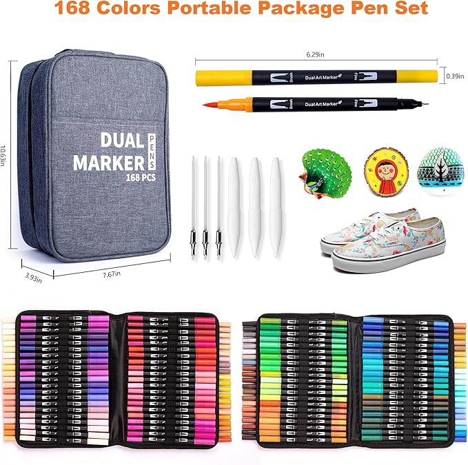 Dual Markers Brush Pens, 168 Colors Art Marker Set with Brush and Fine Tips – Premium Art Supplies for Kids & Adults, Perfect for Coloring Books, Hand Lettering, Calligraphy, and Drawing