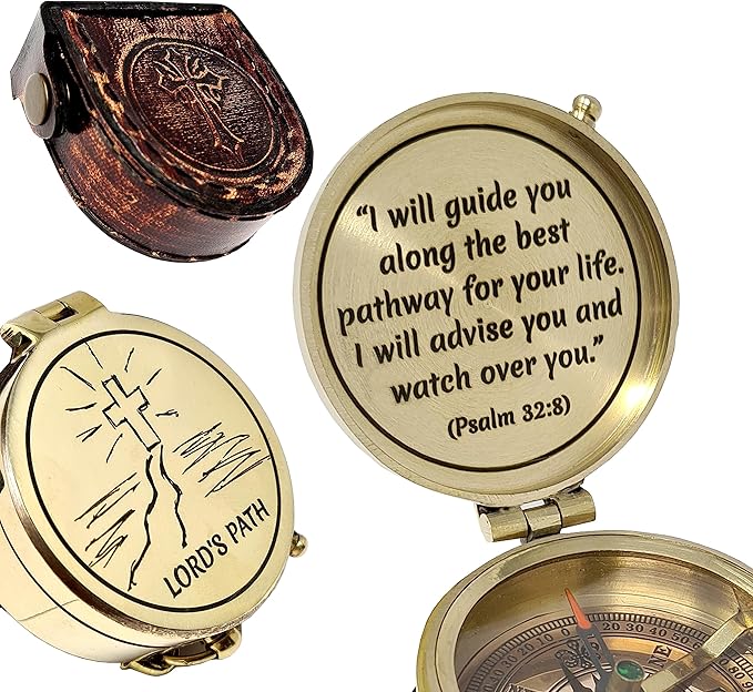Brass Compass Engraved with Religious Scripture Verse - Ideal Gift for Son, Grandson, Daughter - Perfect for Baptism, Communion, Church and Graduation Day Present