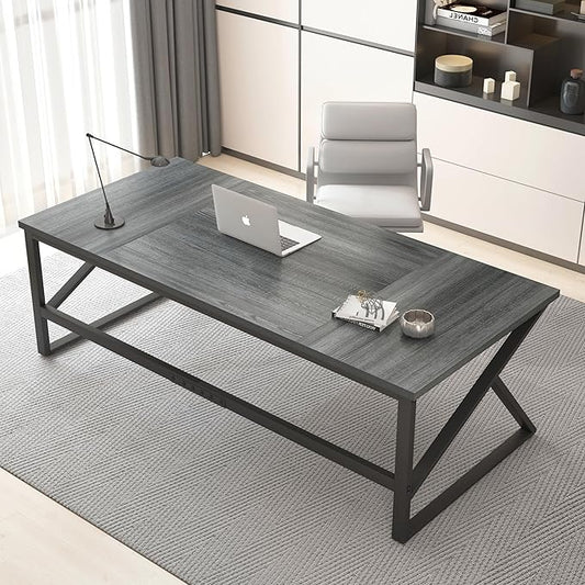 HSH Extra Long Computer Desk, Industrial Metal Wood Home Office Desk, Large PC Laptop Table for 2 Person Executive Writing Work Study Gaming, Bedroom Living Room Dual Monitor Desk, Dark Gray, 70 Inch