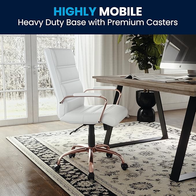 Flash Furniture Whitney Mid-Back Swivel LeatherSoft Desk Chair with Padded Seat and Armrests, Adjustable Height Padded LeatherSoft Office Chair, White/Rose Gold