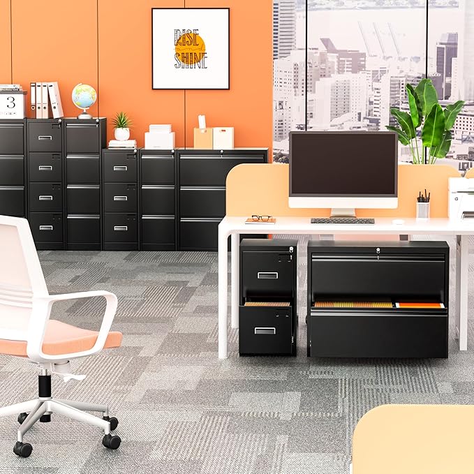 Crownland Lateral File Cabinet with 4 Drawers, 15" W Metal Lockable Office File Cabinets for Home Office- Stores Letter/Legal/A4/F4 Files(Black)