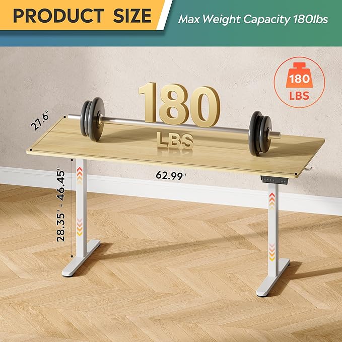 DEVAISE 63 Inch Electric Standing Desk, 3 Adjustable Height Stand up Desk for Home Office, Ergonomic Sit to Stand Desk with LED Touchscreen, Headphone Hook, 3 Memory Preset Computer Desk (Maple)