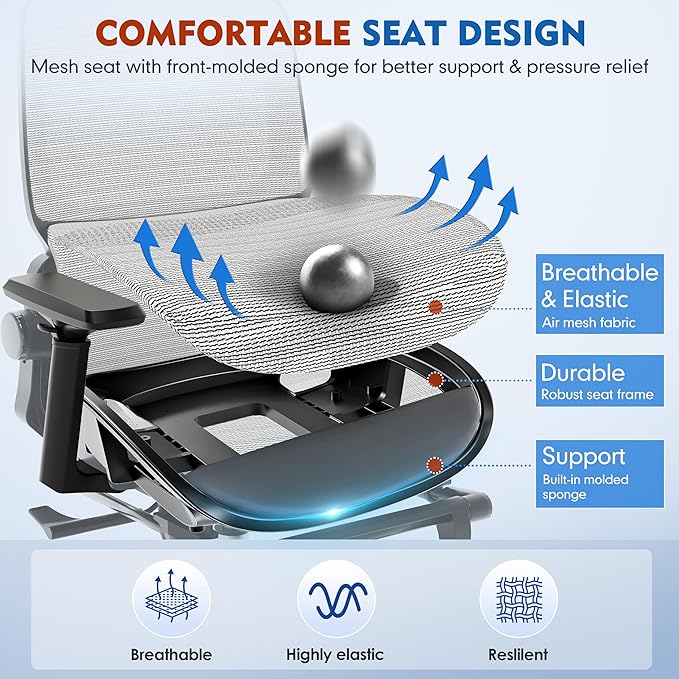 Ergonomic Office Chair, High Back Desk Chairs with Retractable Footrest, Breathable Mesh, Adjustable Headrest, 3D Armrests, Lumbar Support, Tilt Function, Comfy Swivel Computer Gaming Chair