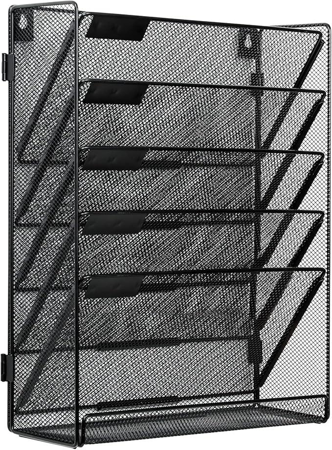 EasyPAG 6 Tier Wall File Holder with Flat Tray, Black | Easy Assemble Mesh Desk File Organizer | 5-Folder Paper Storage | Replaceable Classify Labels | Space Saving Mail Organizer for Office Home