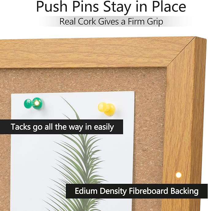 Board2by Cork Board Bulletin Board 20" x 30", Wood Framed Corkboards for Wall Decor, Hanging Office Message Board, Large Wall Mounted Notice Pin Board with 15 Push Pins for School, Home & Office