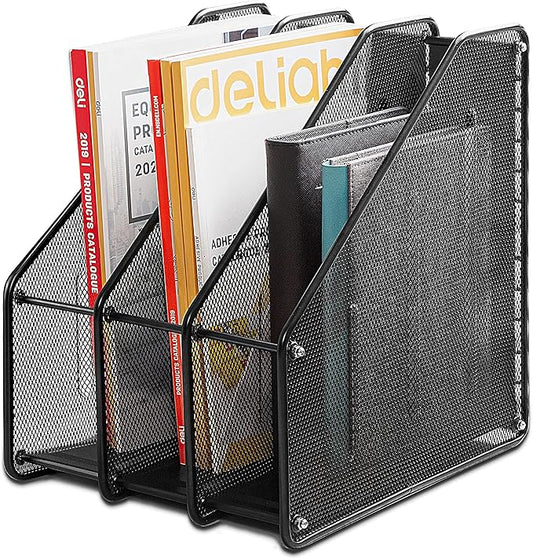 deli Mesh Magazine File Holder, Desk Organizer File Folder Document Rack for Office Organization and Storage, 3 Vertical Compartments, Black
