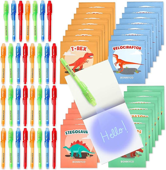 BONNYCO Invisible Ink Pen and Notebook Pack 32 Dinosaur Party Favors for Kids, Magic Spy Pen Goodie Bags Stuffers for Kids, Dinosaur Birthday Party Supplies, Goody Bag Stuffers Return Gifts Prizes