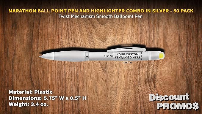 DISCOUNT PROMOS 50 Marathon Gel Highlighter Pens Pack - Customizable Text, Logo - Twist Mechanism, Ballpoint - Silver