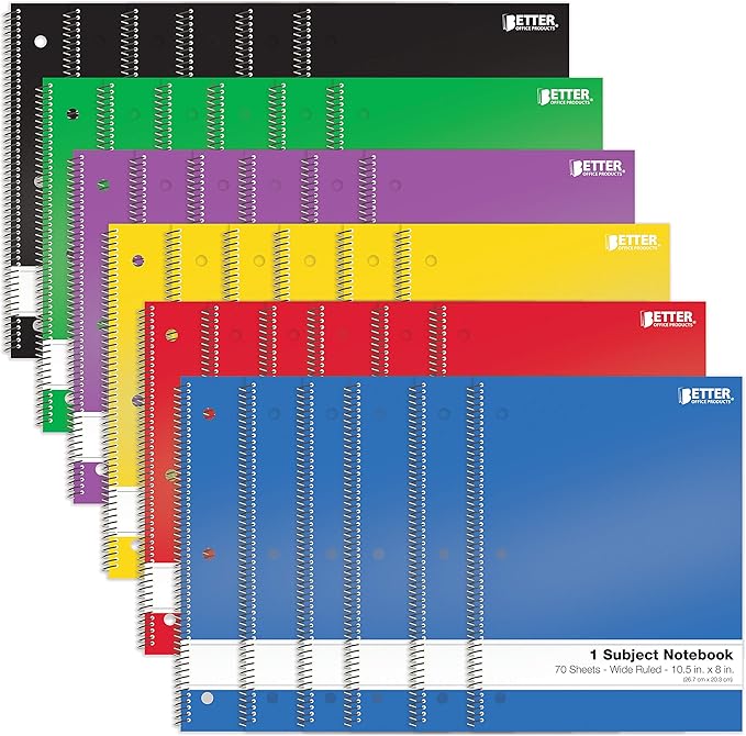 Better Office Products Spiral Notebooks 1-Subject, 24 Pack, Wide Rule, 70 Sheet, 8 x 10.5 inches, 6 Assorted Primary Colors, 24 Pack