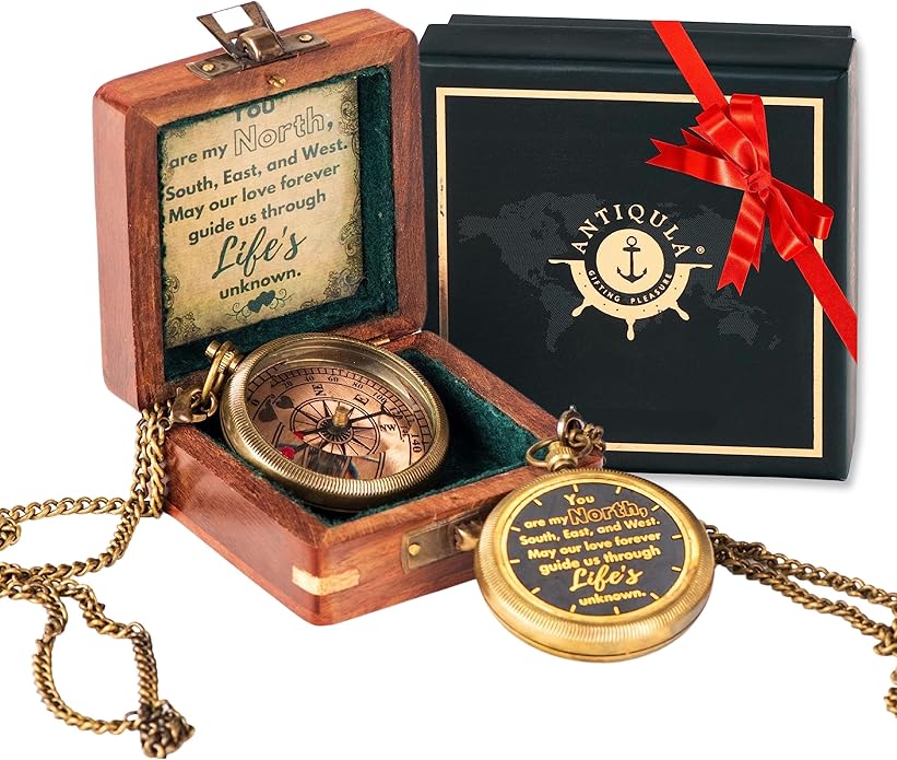 Brass Compass with Wooden Box - Graduation Gifts, Pirate Accessories & Baptism Gift For Boys, Steampunk Travel Decor Compasses For Missionary, Inspirational and Sentimental Compass