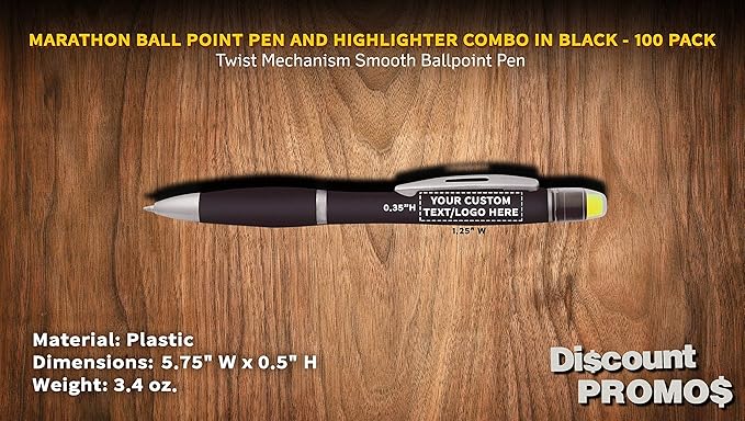 DISCOUNT PROMOS 100 Marathon Gel Highlighter Pens Pack - Customizable Text, Logo - Twist Mechanism, Ballpoint - Black
