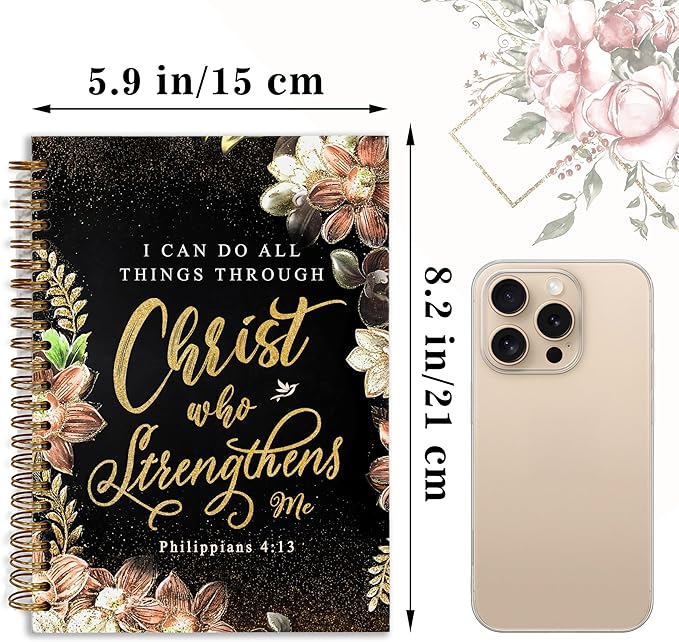 Bible Notebook, A5 Spiral Christian Journal with Floral Notebook, Bible Verse-I Can Do All Things Through Christ Who Strengthens Me, Inspirational Notebooks for Women, Gift for Birthday Christmas