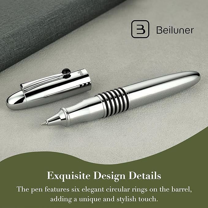 BEILUNER 320 Silver Chrome Rollerball - Stunning Luxury Pen with Chrome Finish, EDC, Heavy, Schmidt Black Ink Refill, Best Gift Set for Men & Women, Professional, Executive Office, Nice Classic Pens