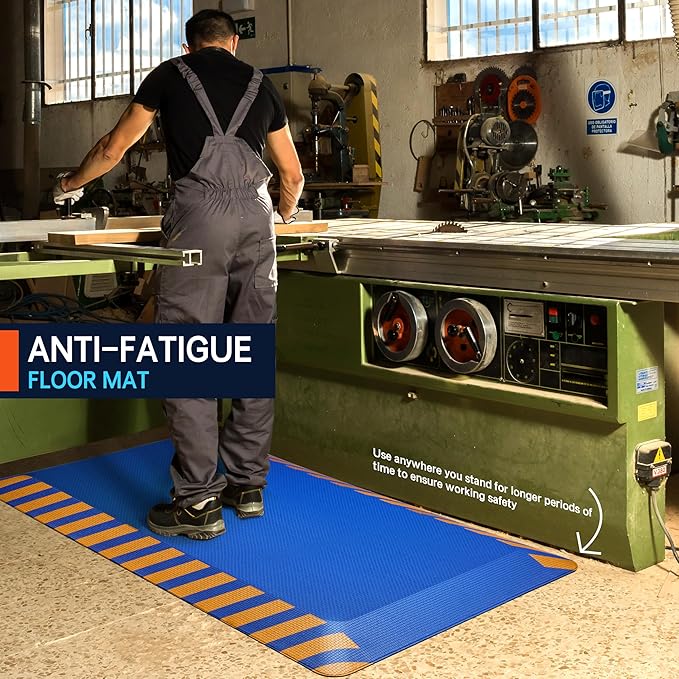 FEATOL Anti Fatigue Mat Industrial, Ergonomic Standing Floor Mat for Work for Stand, Blue with Yellow Border Safety 20" x 39"-Support for Leg & Back Pain