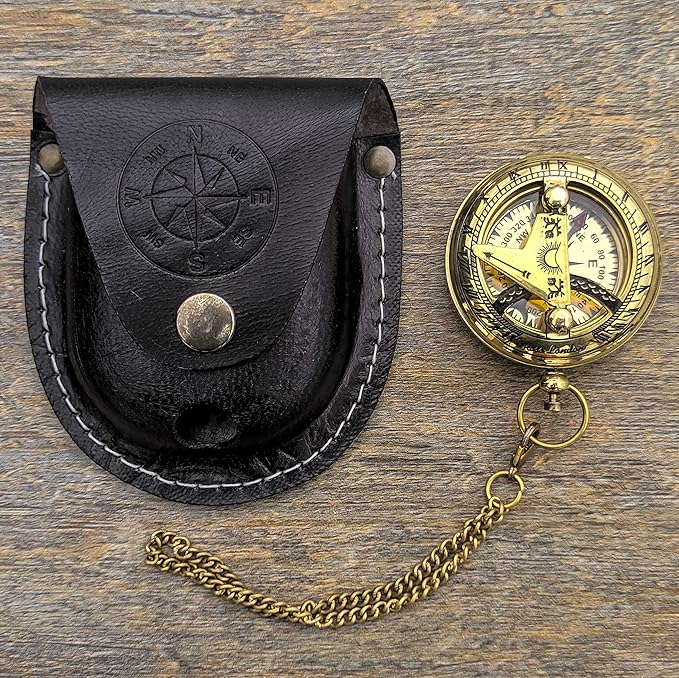 Brass Sundial Compass with Leather Case and Chain - Push Open Compass - Steampunk Accessory - Pocket Sundial Compass - Beautiful Handmade Gift -Sundial Clock, Gold, 2 Inch