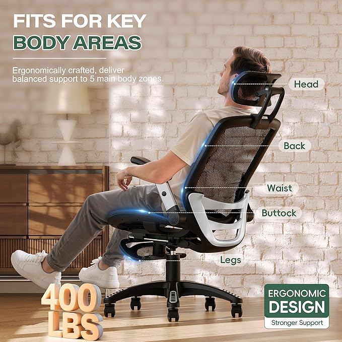 GABRYLLY Ergonomic Office Chair with Footrest, High Back Home Desk Chair - 3D Headrest, Flip-Up Arms, 135° Tilt and Wide Cushion, Heavy Duty Mesh Chairs for Task Computer Gaming,GYB01-FT