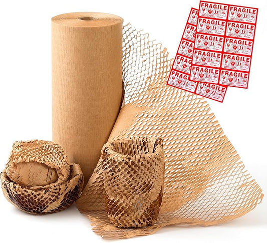 Honeycomb Packing Paper 15" Width X 300 FT for Moving Glass Dishes Recyclable Wrapping Paper Bubble Wrap Packing Material for Shipping Fragile Items Shipping Filler with 20 Fragile Stickers