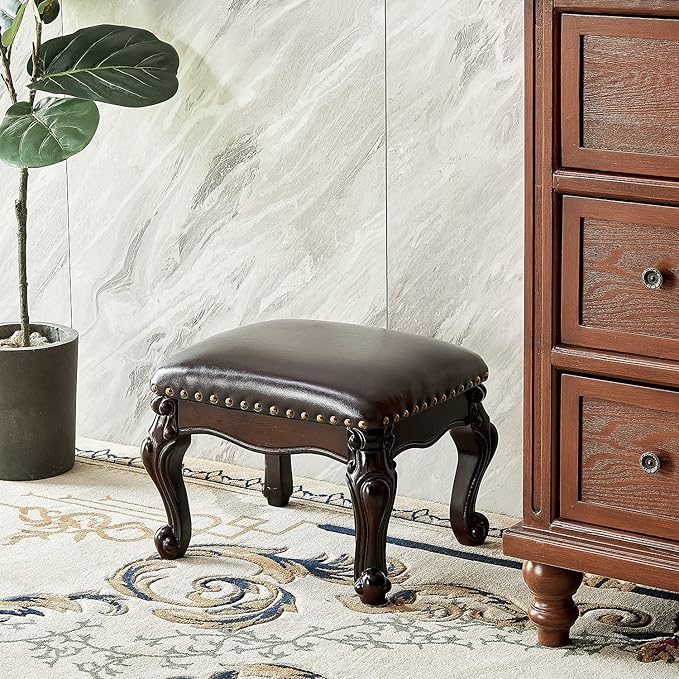 Foot Stool Ottoman Foot Rest Microfiber Leather Upholstered Footstool for Sofa, Living Room, Entryway, Solid Wood Stool (Black Brown)