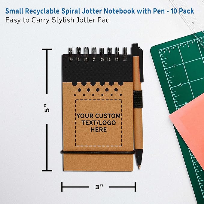 DISCOUNT PROMOS 10 Recyclable Spiral Small Notebooks Pack - Customizable Text, Logo - 60 Lined Pages - Black