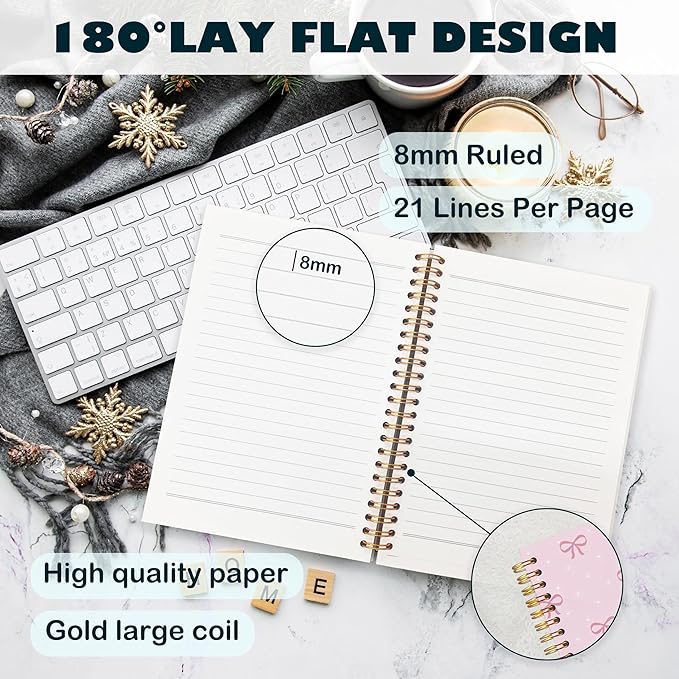 BearCake Coquette Pink Bow Notebook Journal, Preppy Cute Bow Journal for Women Girls, Pink Cute Office Supplies, Girly Aesthetic Hardcover Spiral Notebook 5.5x8.3