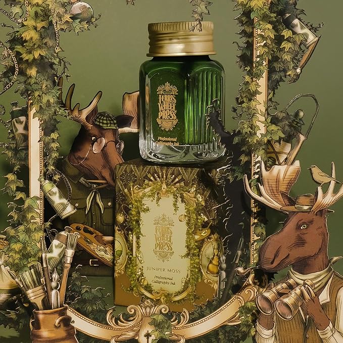 Ferris Wheel Press Juniper Moss 28ml Calligraphy Ink for Calligraphy & Dip Pens - National Art Supply 5x7 Microfiber Cloth - Moss Green with Gold Shimmers - Waterproof Dip Pen Ink for Artists