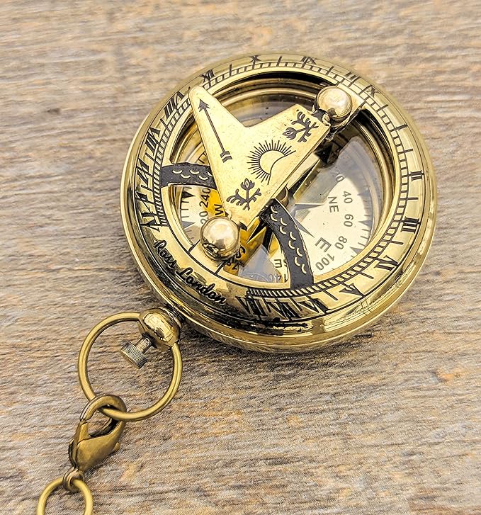Brass Sundial Compass with Leather Case and Chain - Push Open Compass - Steampunk Accessory - Pocket Sundial Compass - Beautiful Handmade Gift -Sundial Clock, Gold, 2 Inch