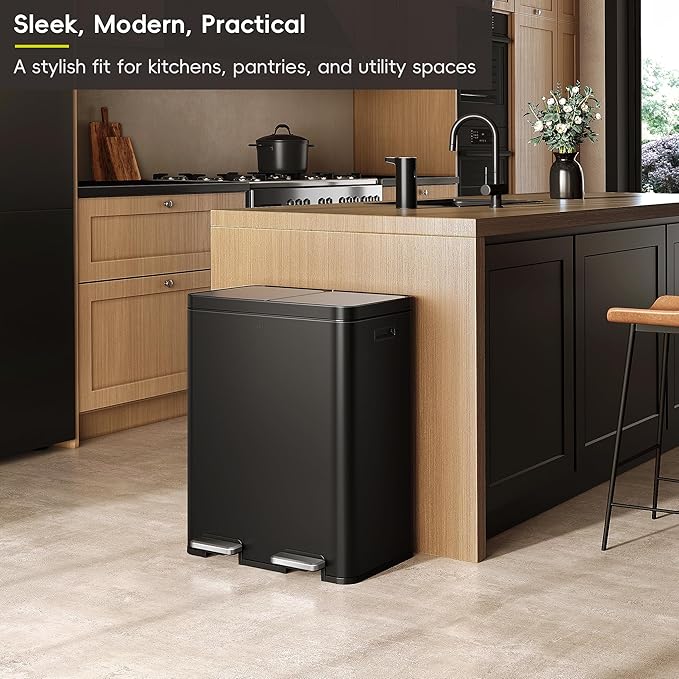 EKO Edison 8+8 Gallon Dual Trash Can for Recycling and Trash, Stainless Steel Kitchen Step Can with Dual Removable Inner Bucket, Independent Lids and Pedals, Black