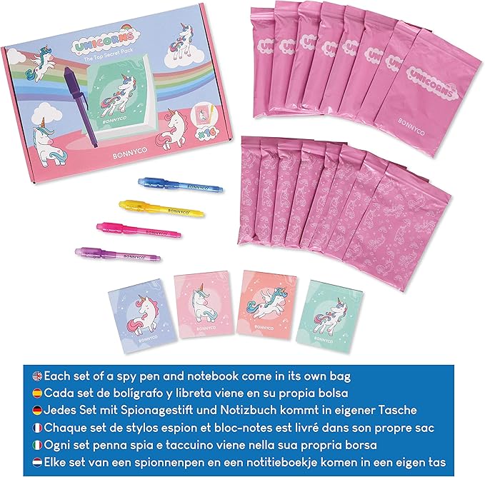 BONNYCO Invisible Ink Pen and Notebook Pack 16 Unicorn Party Favors for Kids, Magic Spy Pen Goodie Bags Stuffers for Kids, Unicorn Birthday Party Supplies, Goody Bag Stuffers | Return Gifts Prizes