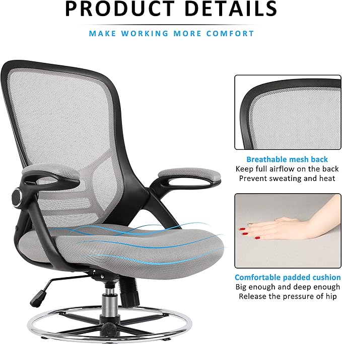 HYLONE Drafting Chair, Tall Office Chair Standing Desk Chair Grey Mesh High-Back Drafting Stool with Flip-Up Arms, Adjustable Foot Ring